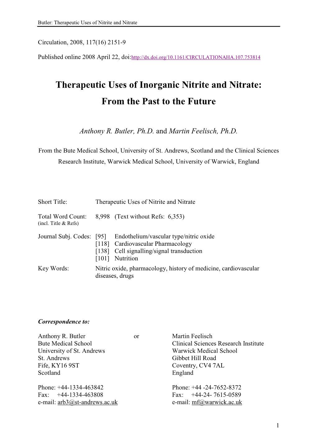 Therapeutic Uses of Inorganic Nitrite and Nitrate: from the Past to the Future