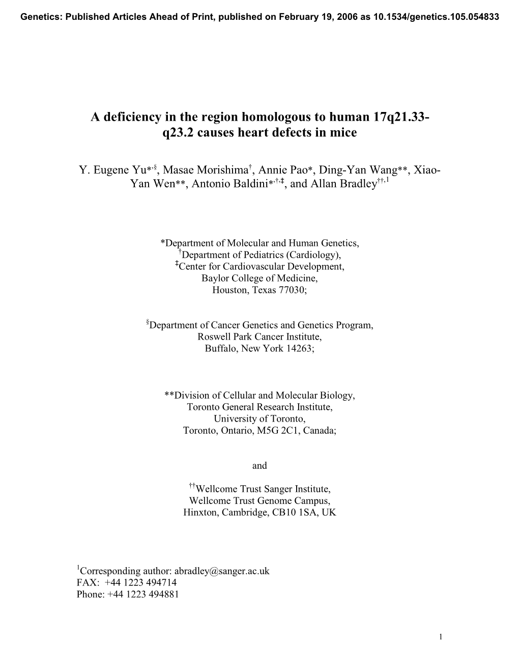 A Deficiency in the Region Homologous to Human 17Q21.33- Q23.2 Causes Heart Defects in Mice