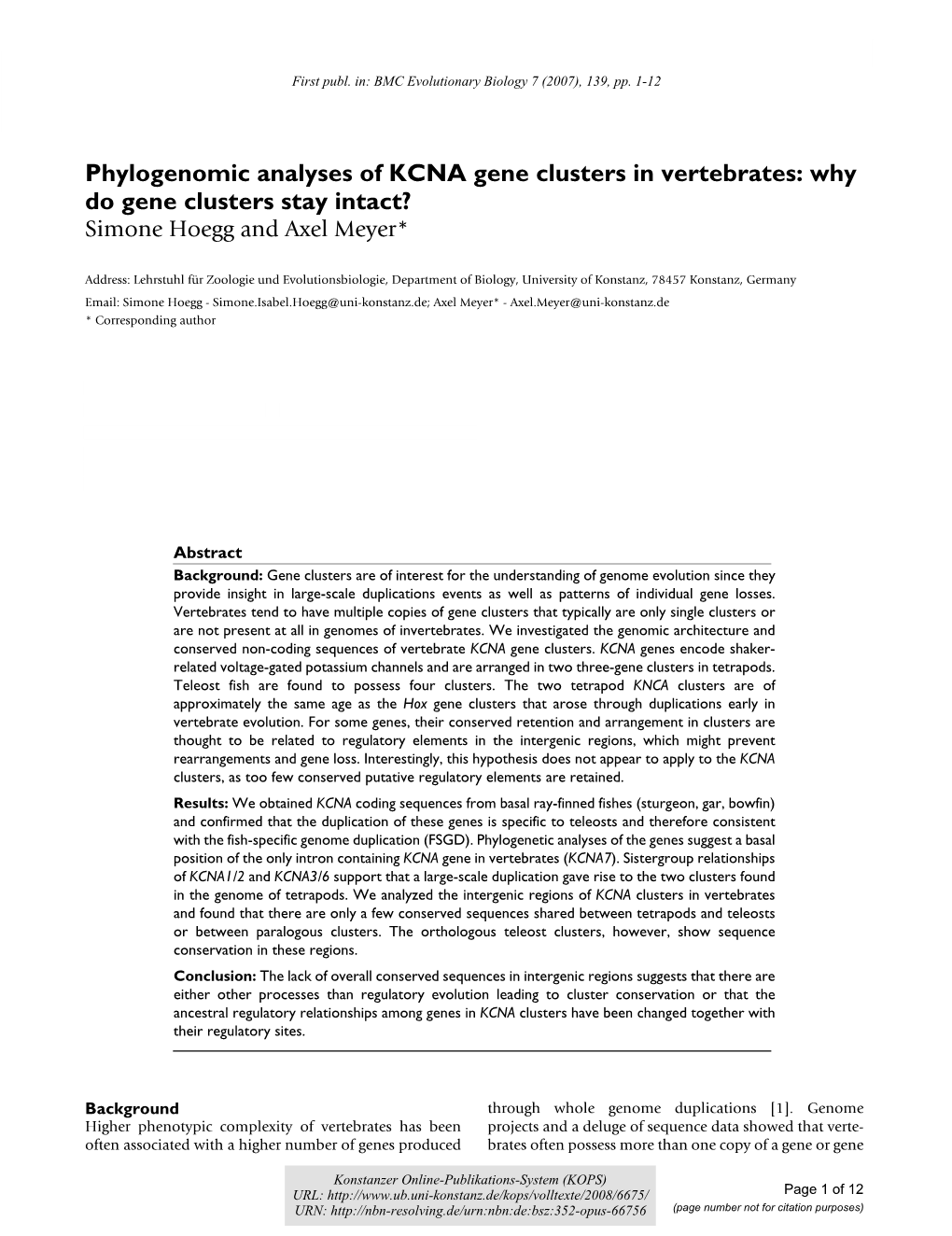 Phylogenomic Analyses of KCNA Gene Clusters in Vertebrates : Why