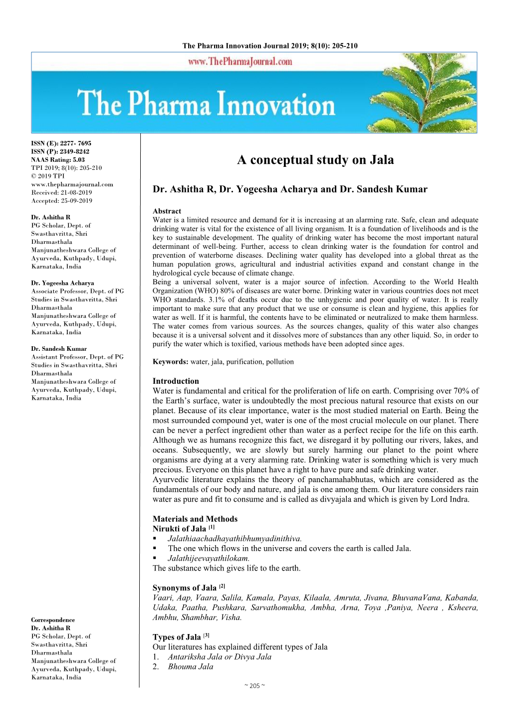 A Conceptual Study on Jala TPI 2019; 8(10): 205-210 © 2019 TPI Received: 21-08-2019 Dr