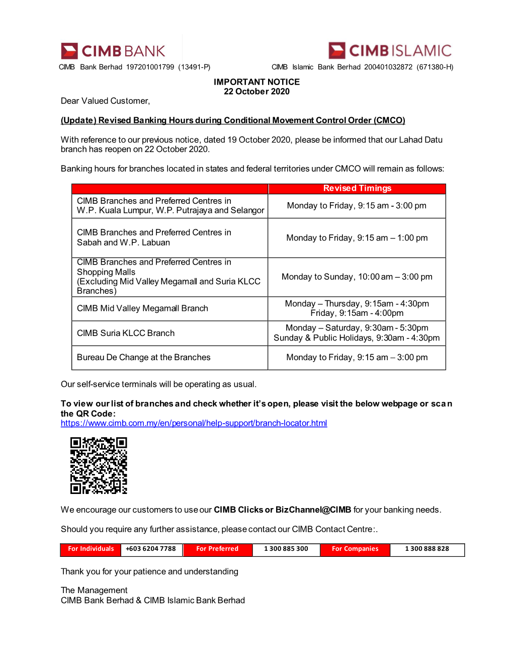 Notice Banking Operations MCO 221020