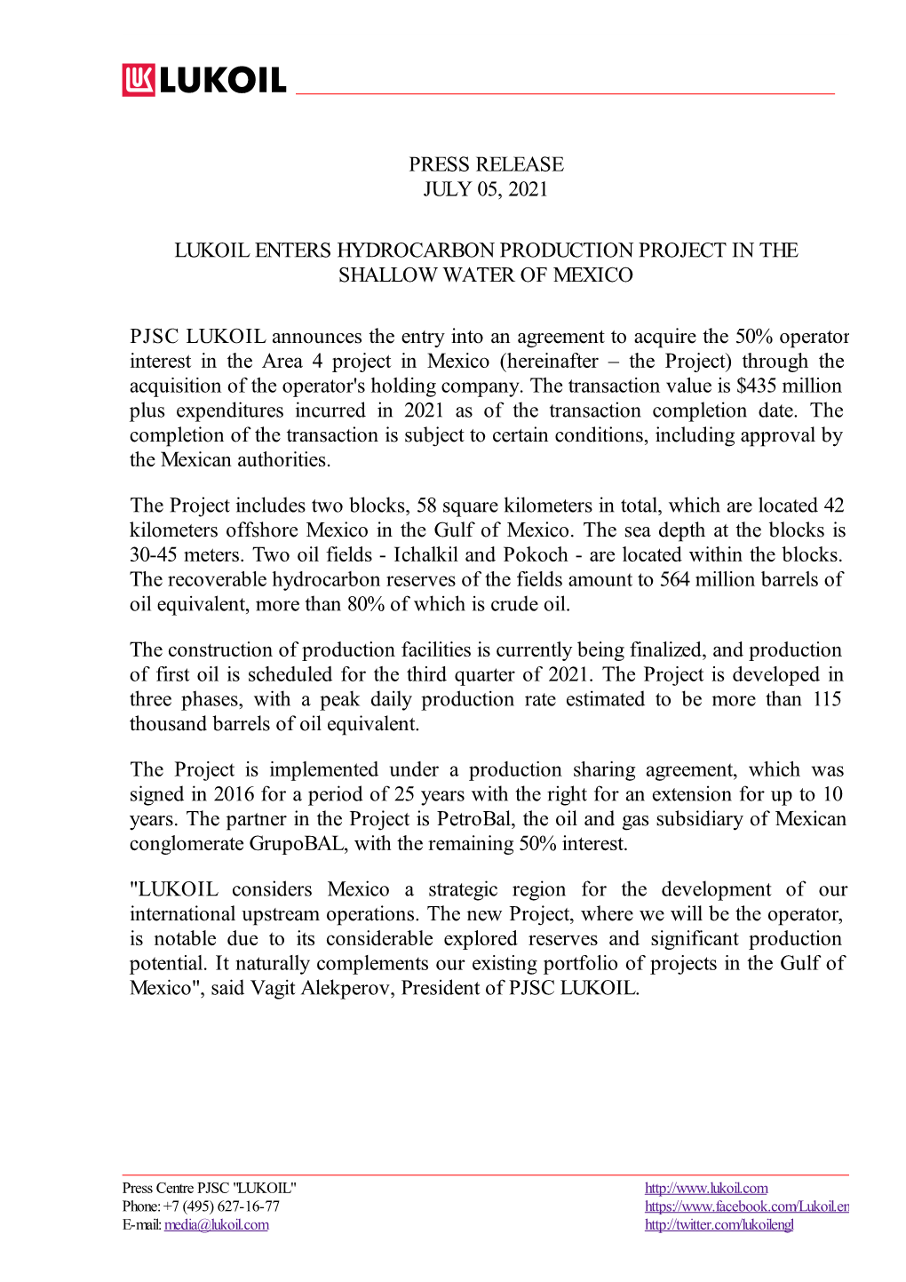 Press Release July 05, 2021 Lukoil Enters Hydrocarbon