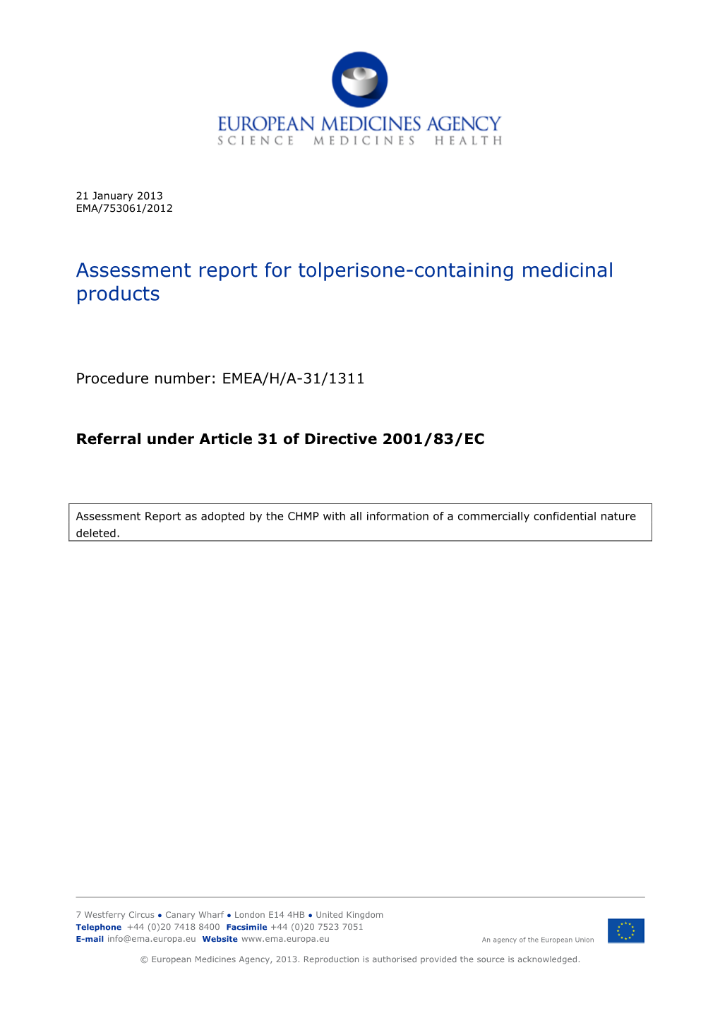 Assessment Report for Tolperisone-Containing Medicinal Products