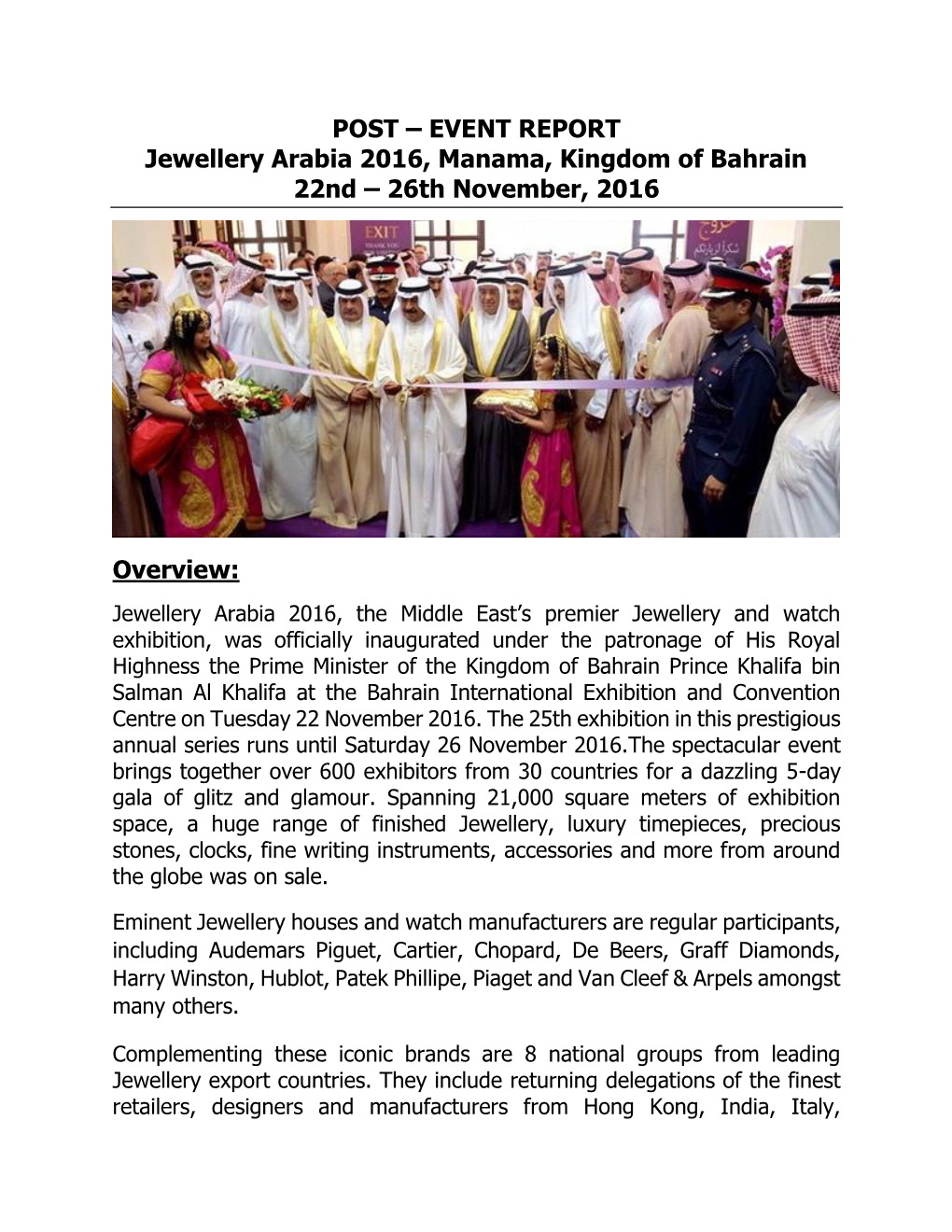 POST – EVENT REPORT Jewellery Arabia 2016, Manama, Kingdom of Bahrain 22Nd – 26Th November, 2016