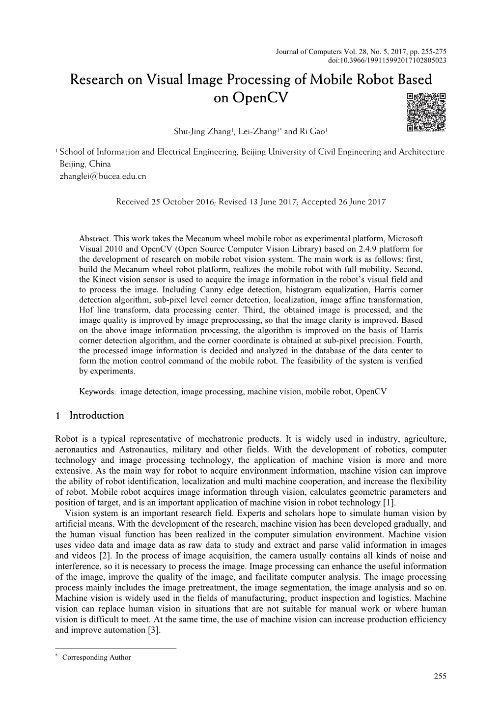 Research on Visual Image Processing of Mobile Robot Based on Opencv