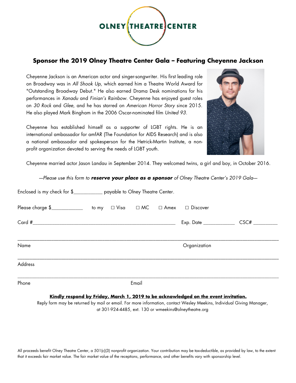 Sponsor the 2019 Olney Theatre Center Gala – Featuring Cheyenne Jackson