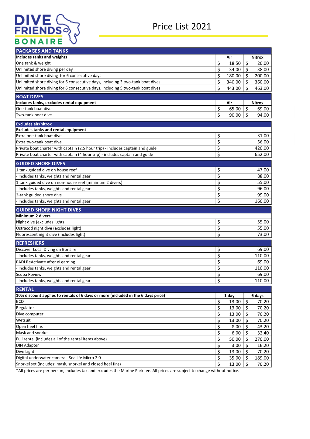 Full Price List 2021