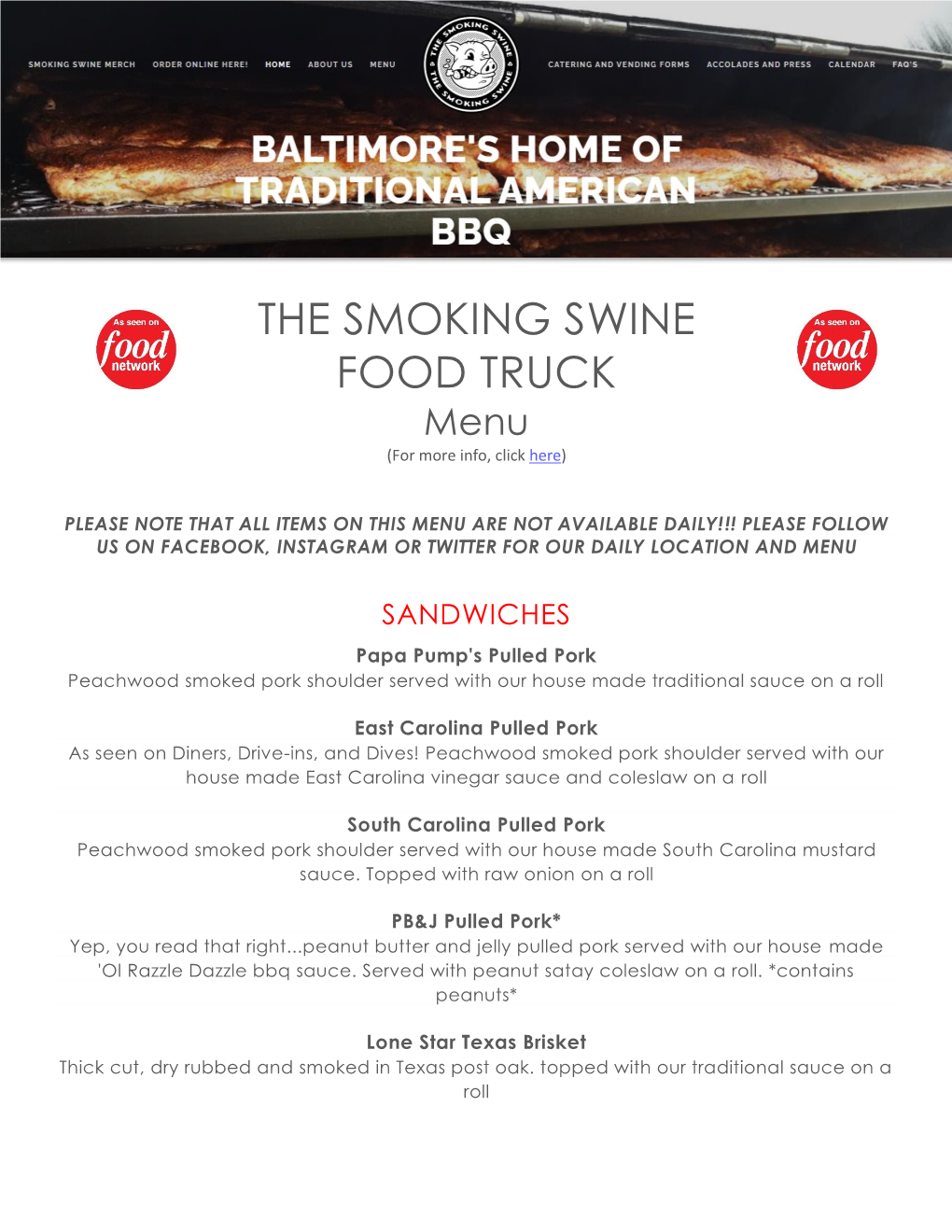 THE SMOKING SWINE FOOD TRUCK Menu (For More Info, Click Here)