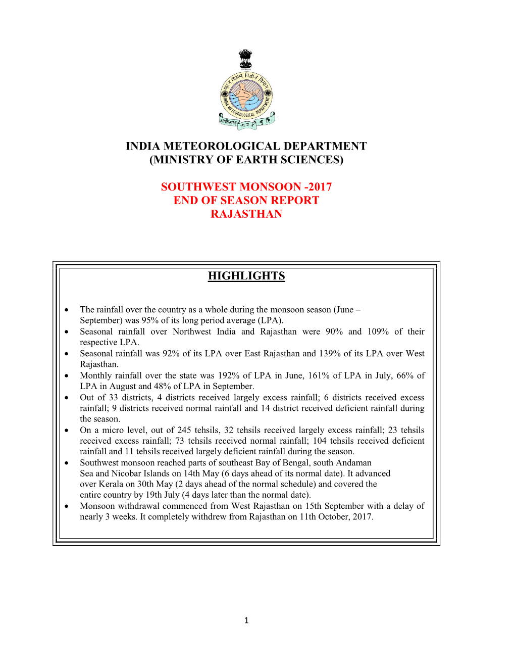 Southwest Monsoon -2017 End of Season Report Rajasthan