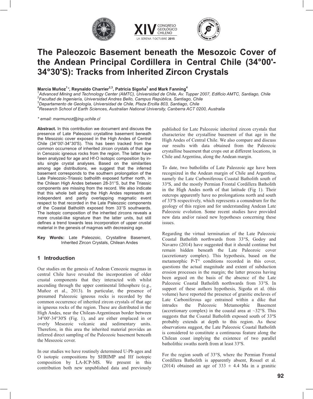 The Paleozoic Basement Beneath the Mesozoic Cover of the Andean Principal Cordillera in Central Chile (34°00'- 34°30'S): Tracks from Inherited Zircon Crystals