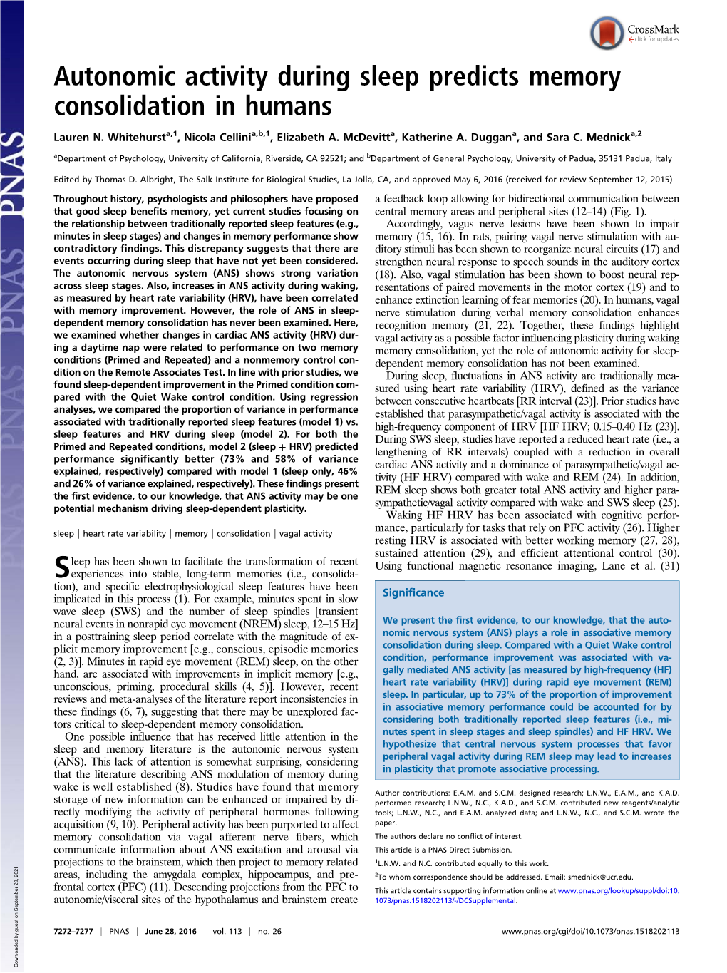 Autonomic Activity During Sleep Predicts Memory Consolidation in Humans