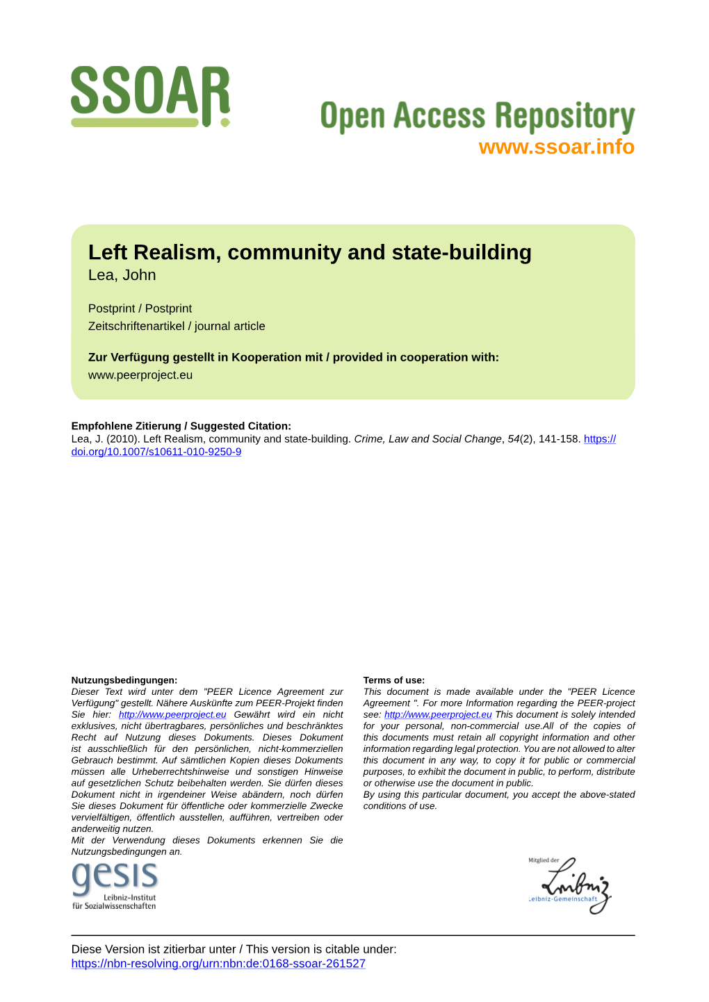 Left Realism, Community and State-Building Lea, John