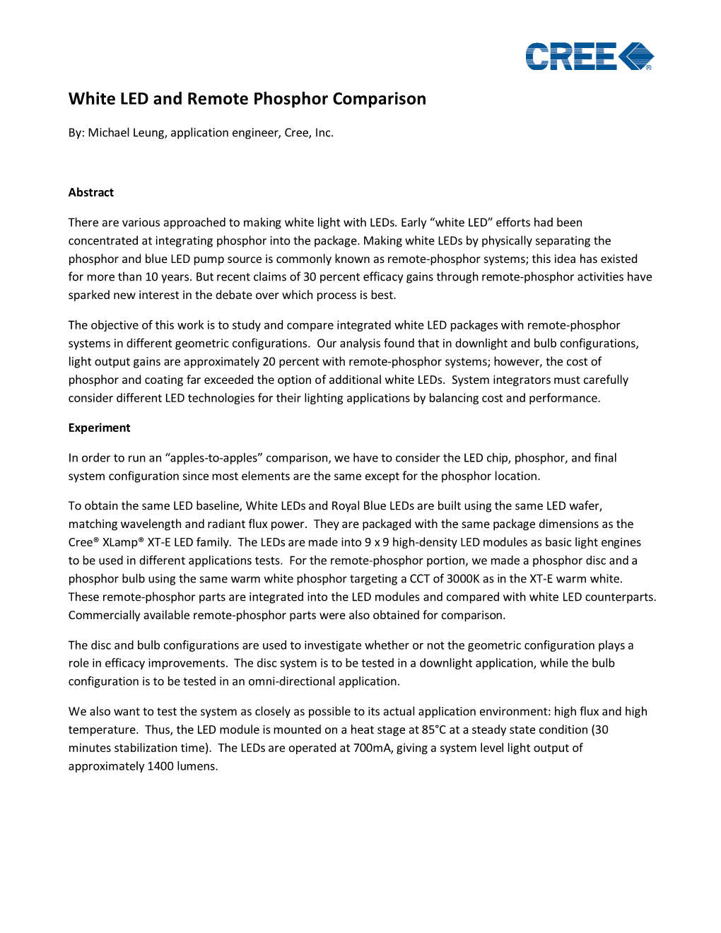 Cree White Paper: White LED and Remote Phosphor Comparison