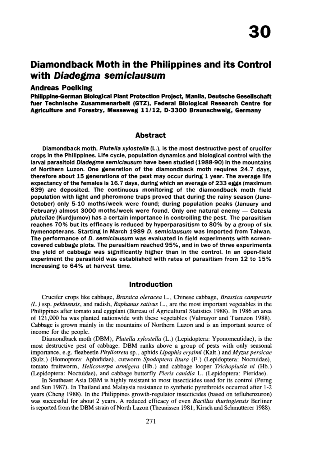 Diamondback Moth in the Philippines and Its Control with Diadegma