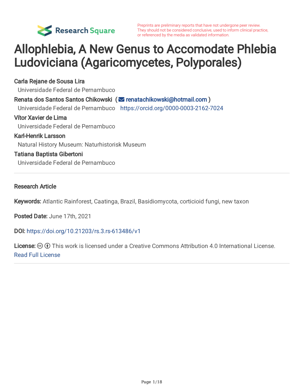 Allophlebia, a New Genus to Accomodate Phlebia Ludoviciana (Agaricomycetes, Polyporales)