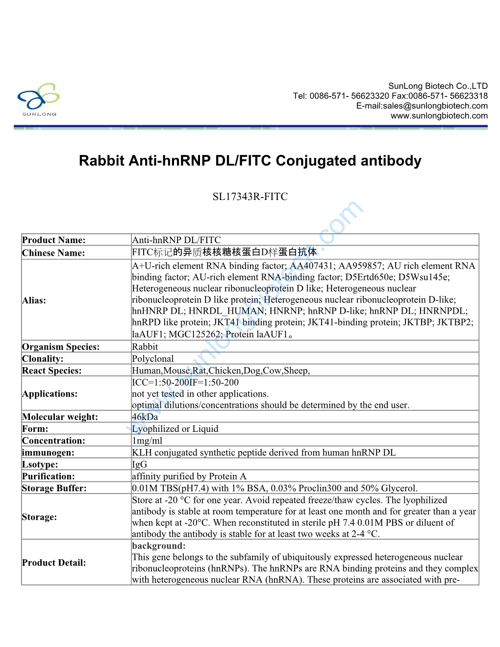 Rabbit Anti-Hnrnp DL/FITC Conjugated Antibody-SL17343R-FITC