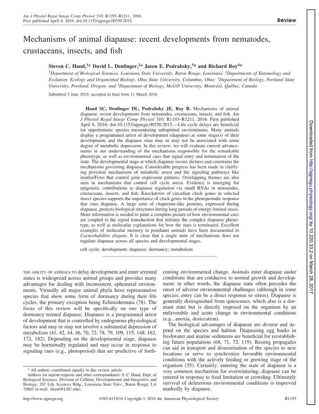 Mechanisms of Animal Diapause: Recent Developments from Nematodes, Crustaceans, Insects, and ﬁsh