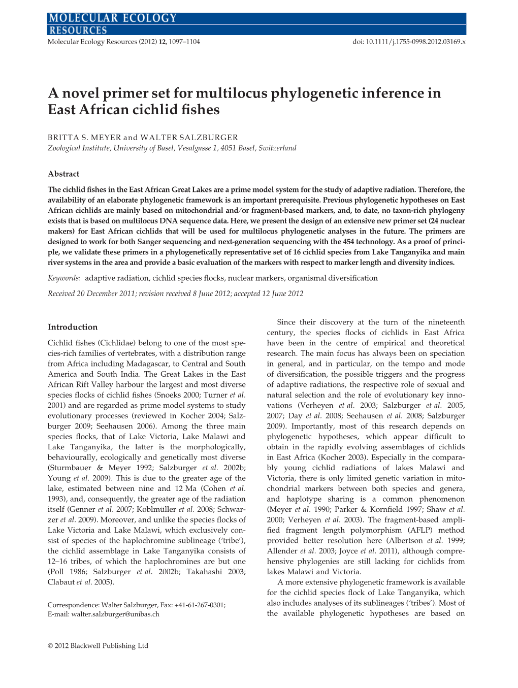 A Novel Primer Set for Multilocus Phylogenetic Inference in East African Cichlid ﬁshes