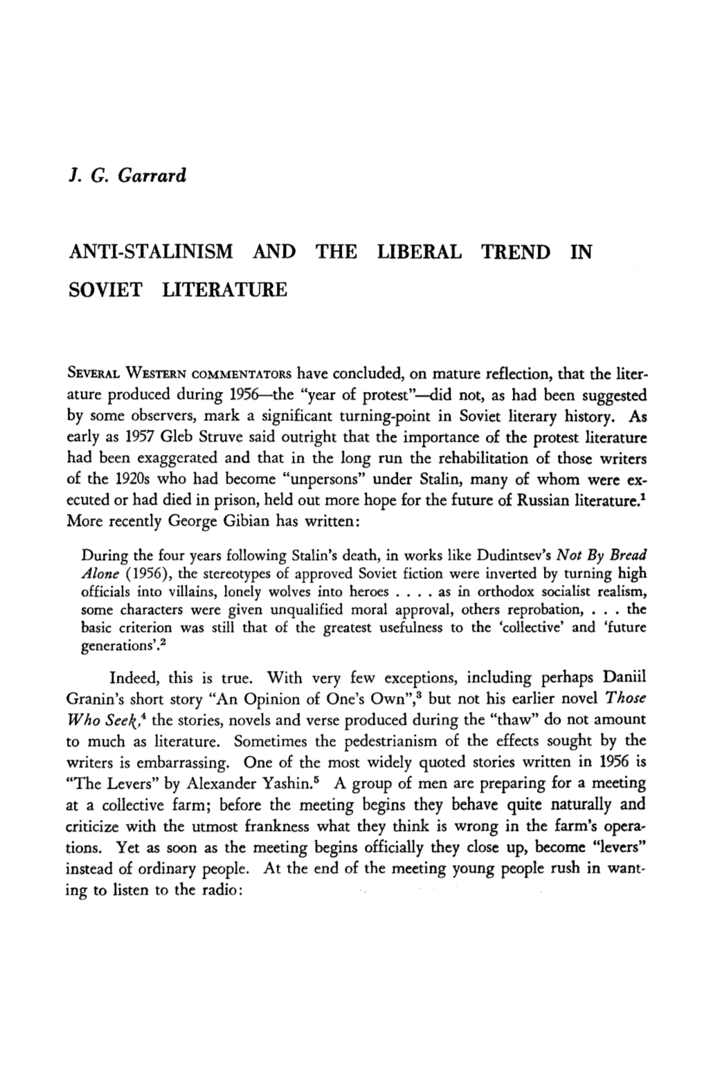 Anti-Stalinism and the Liberal Trend in Soviet Literature