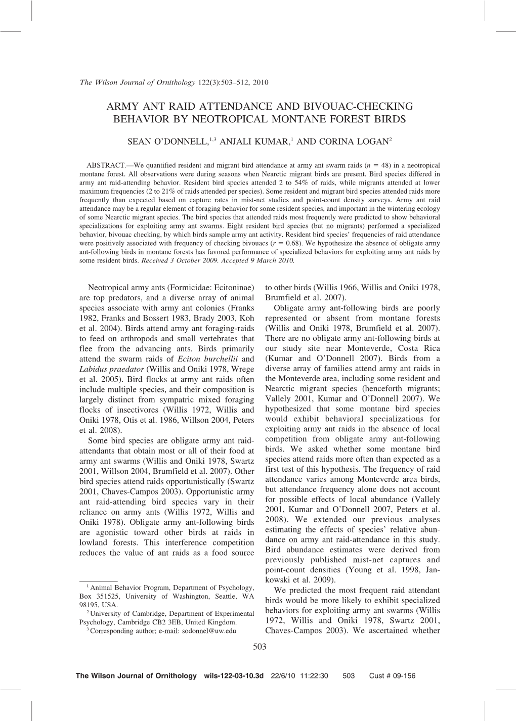 Army Ant Raid Attendance and Bivouac-Checking Behavior by Neotropical Montane Forest Birds