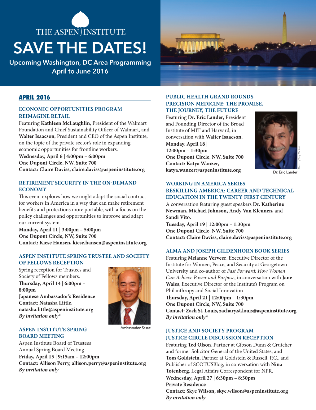 SAVE the DATES! Upcoming Washington, DC Area Programming April to June 2016