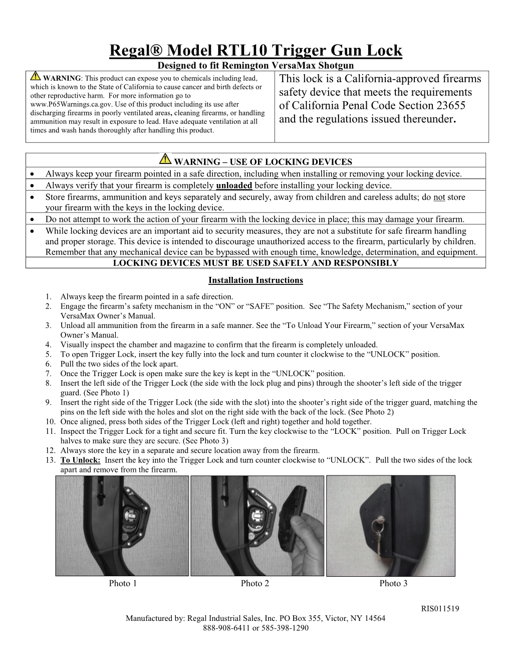 Regal® Model RTL10 Trigger Gun Lock