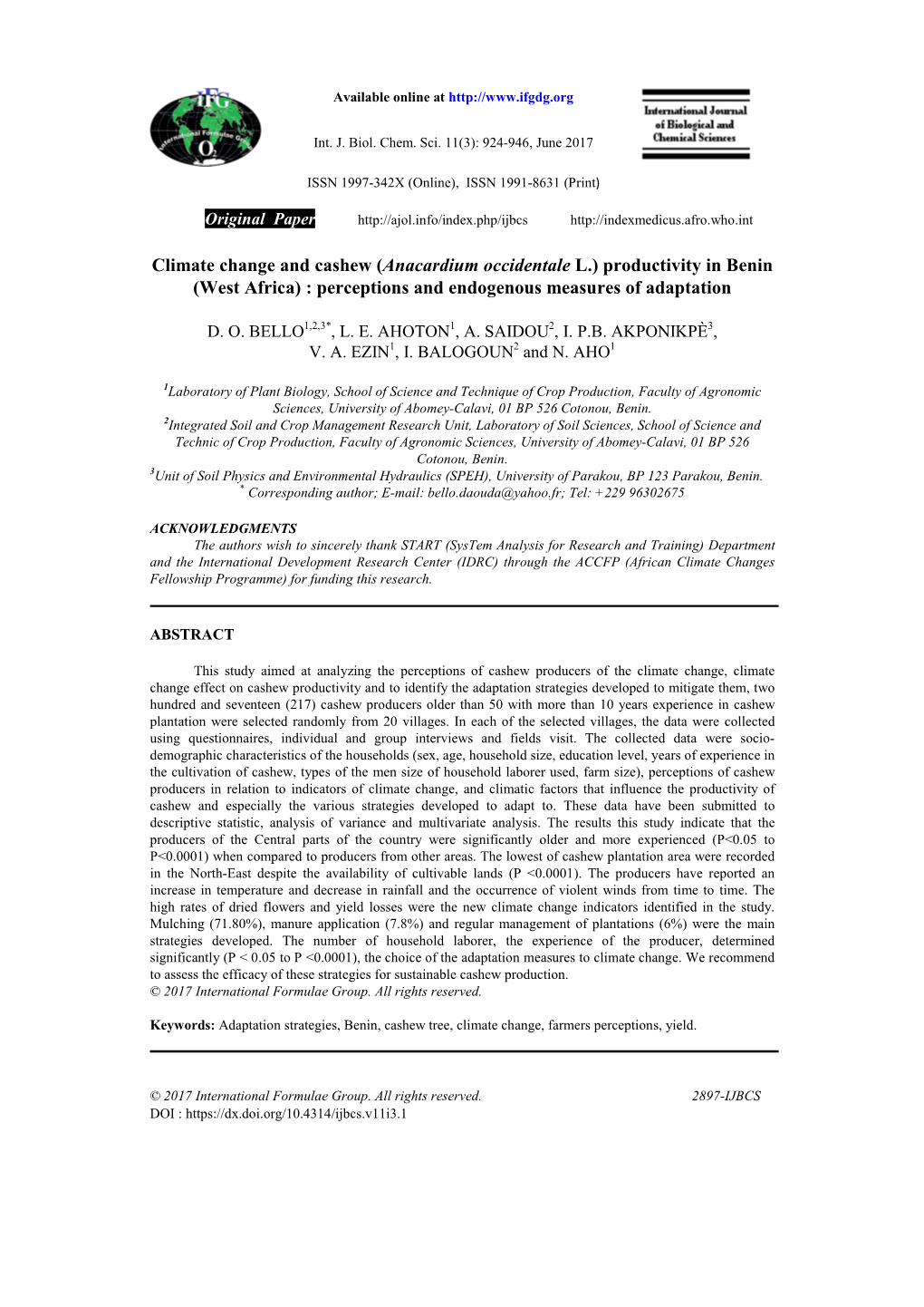 Climate Change and Cashew (Anacardium Occidentale L.) Productivity in Benin (West Africa) : Perceptions and Endogenous Measures of Adaptation