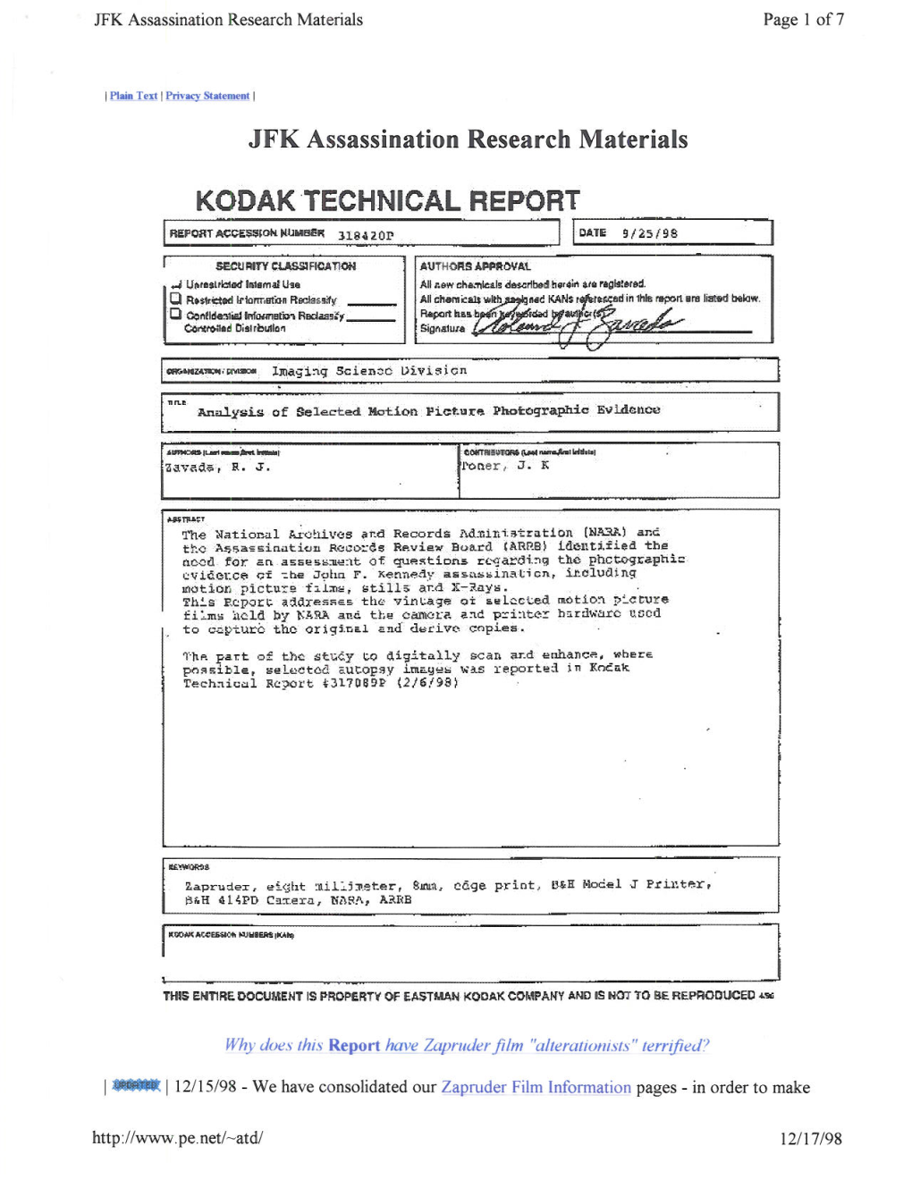 Suety ..,,... „..., JFK Assassination Research Materials KODAK TECHNICAL REPORT