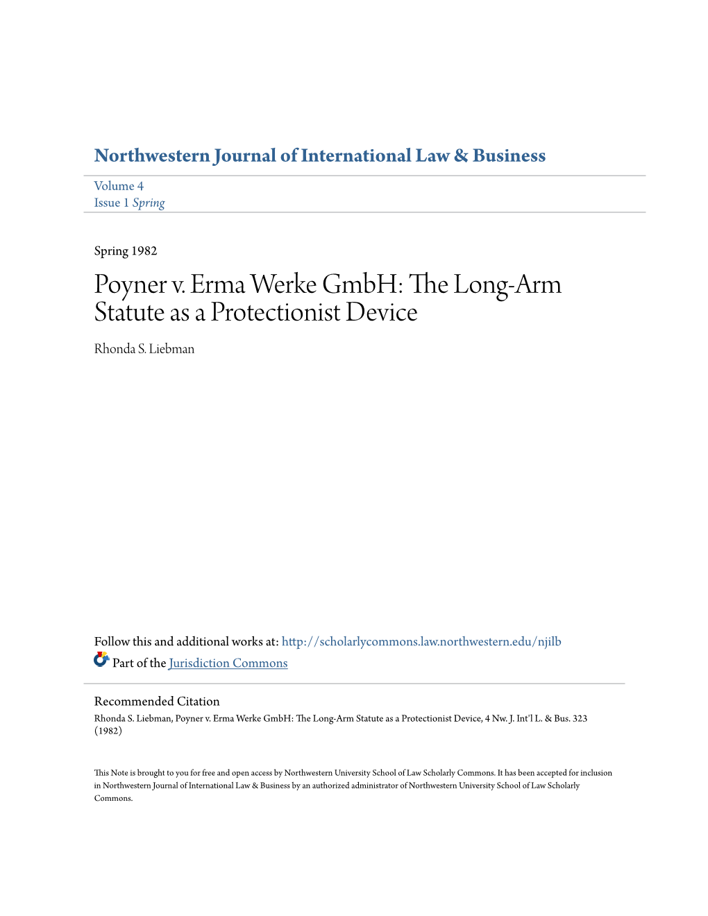 Poyner V. Erma Werke Gmbh: the Long-Arm Statute As a Protectionist Device Rhonda S