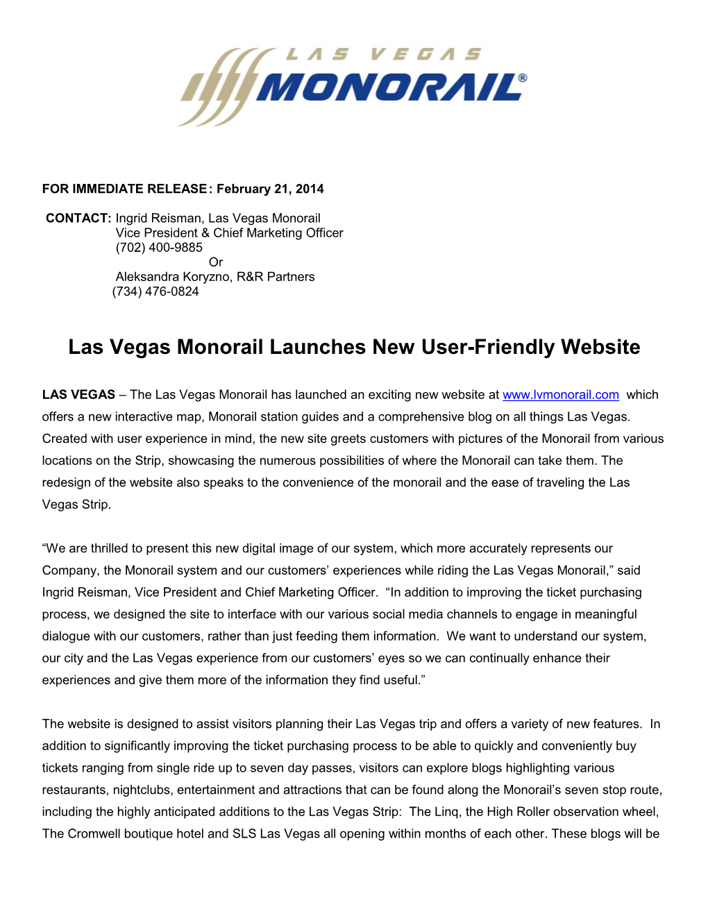 Las Vegas Monorail Launches New User-Friendly Website