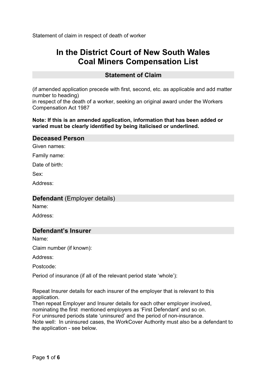 Coal Miners Workers Compensation Statement of Claim - Deceased