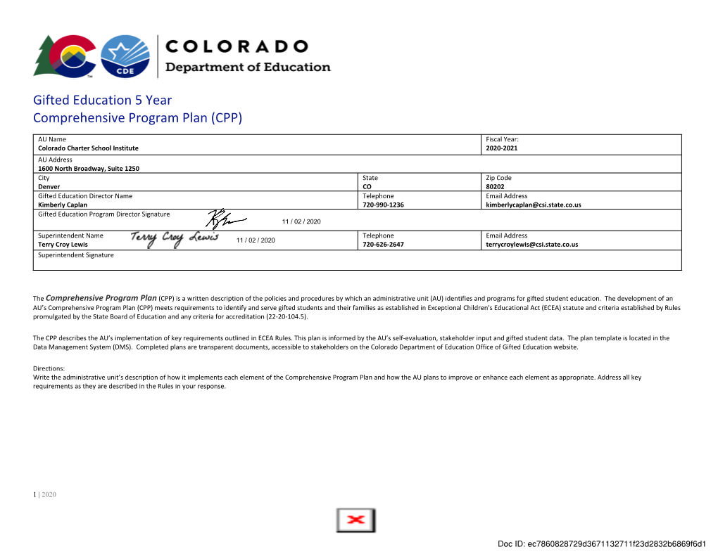 Gifted Education 5 Year Comprehensive Program Plan (CPP)