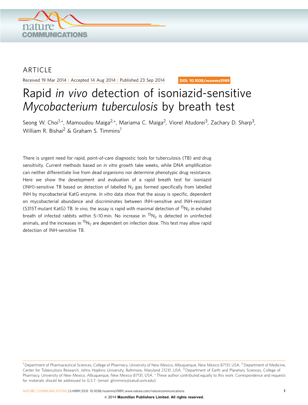 Rapid in Vivo Detection of Isoniazid-Sensitive Mycobacterium Tuberculosis by Breath Test