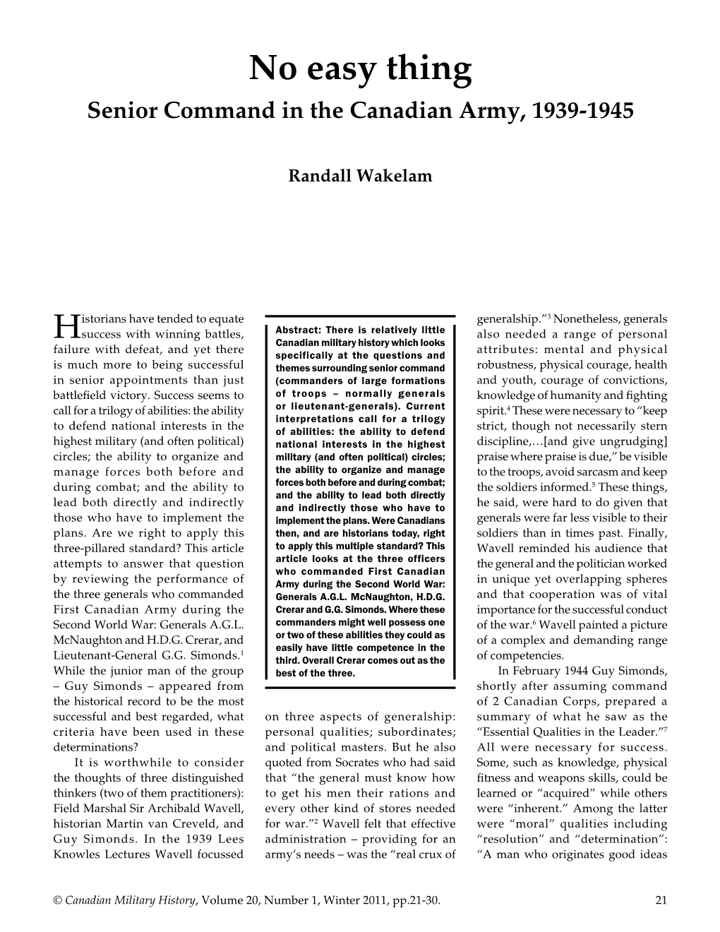 No Easy Thing Senior Command in the Canadian Army, 1939-1945