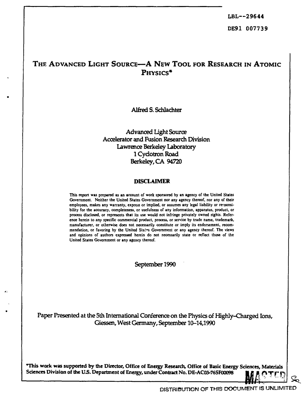 Lbl—29644 De91 007739 the Advanced Light Source—A