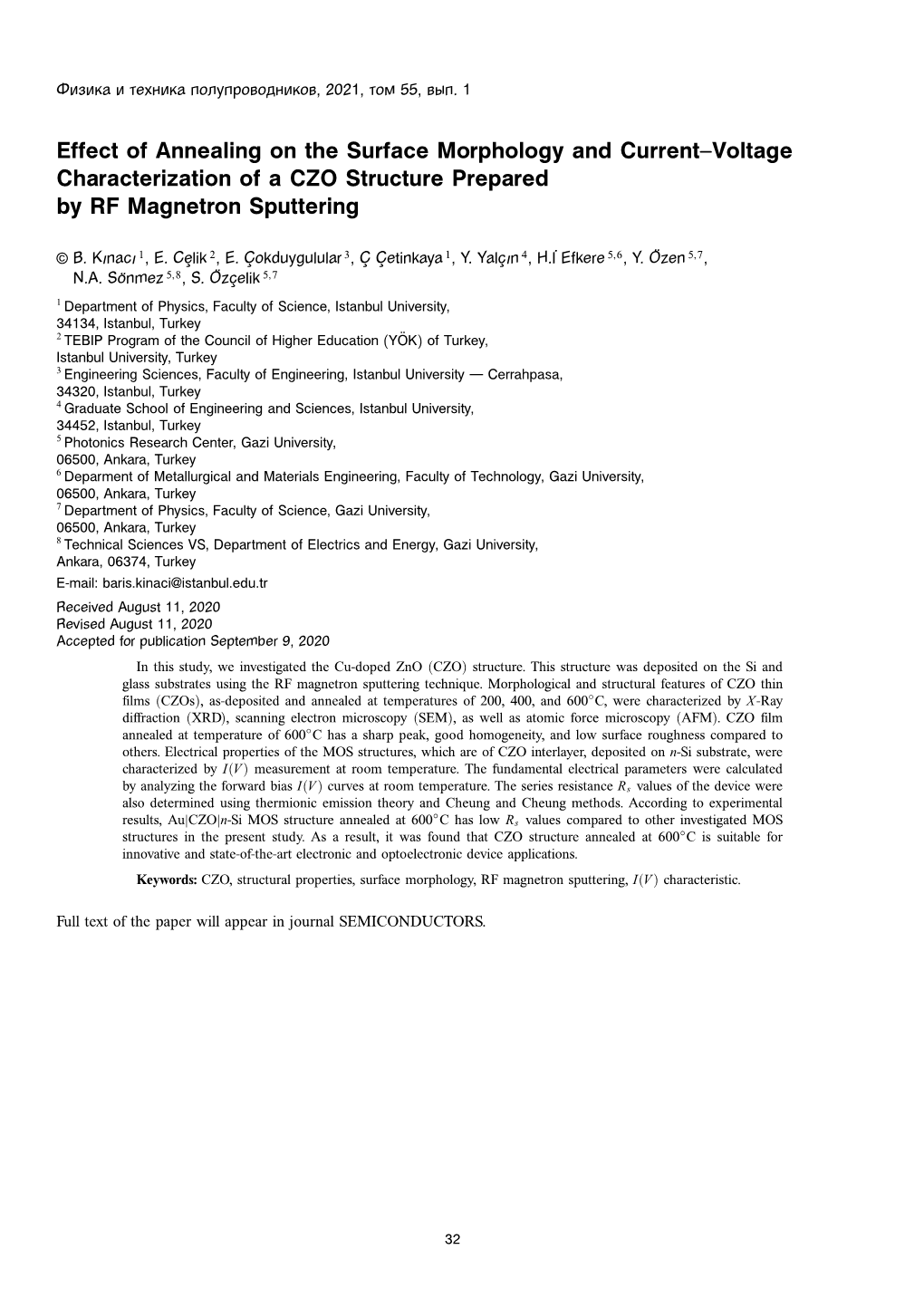 Effect of Annealing on the Surface Morphology and Current–Voltage Characterization of a CZO Structure Prepared by RF Magnetron Sputtering