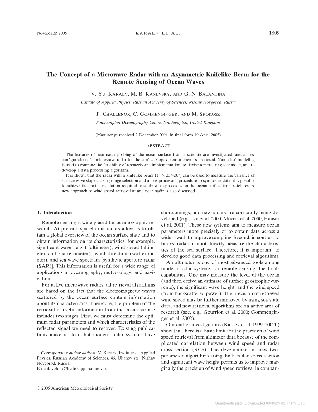 The Concept of a Microwave Radar with an Asymmetric Knifelike Beam for the Remote Sensing of Ocean Waves