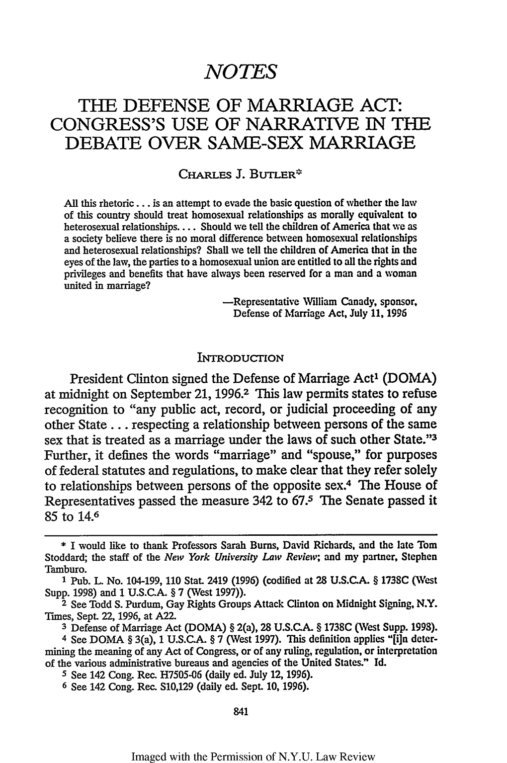 Defense of Marriage Act: Congress's Use of Narrative in the Debate Over Same-Sex Marriage