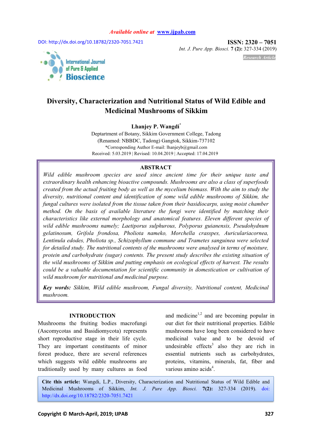 Diversity, Characterization and Nutritional Status of Wild Edible and Medicinal Mushrooms of Sikkim