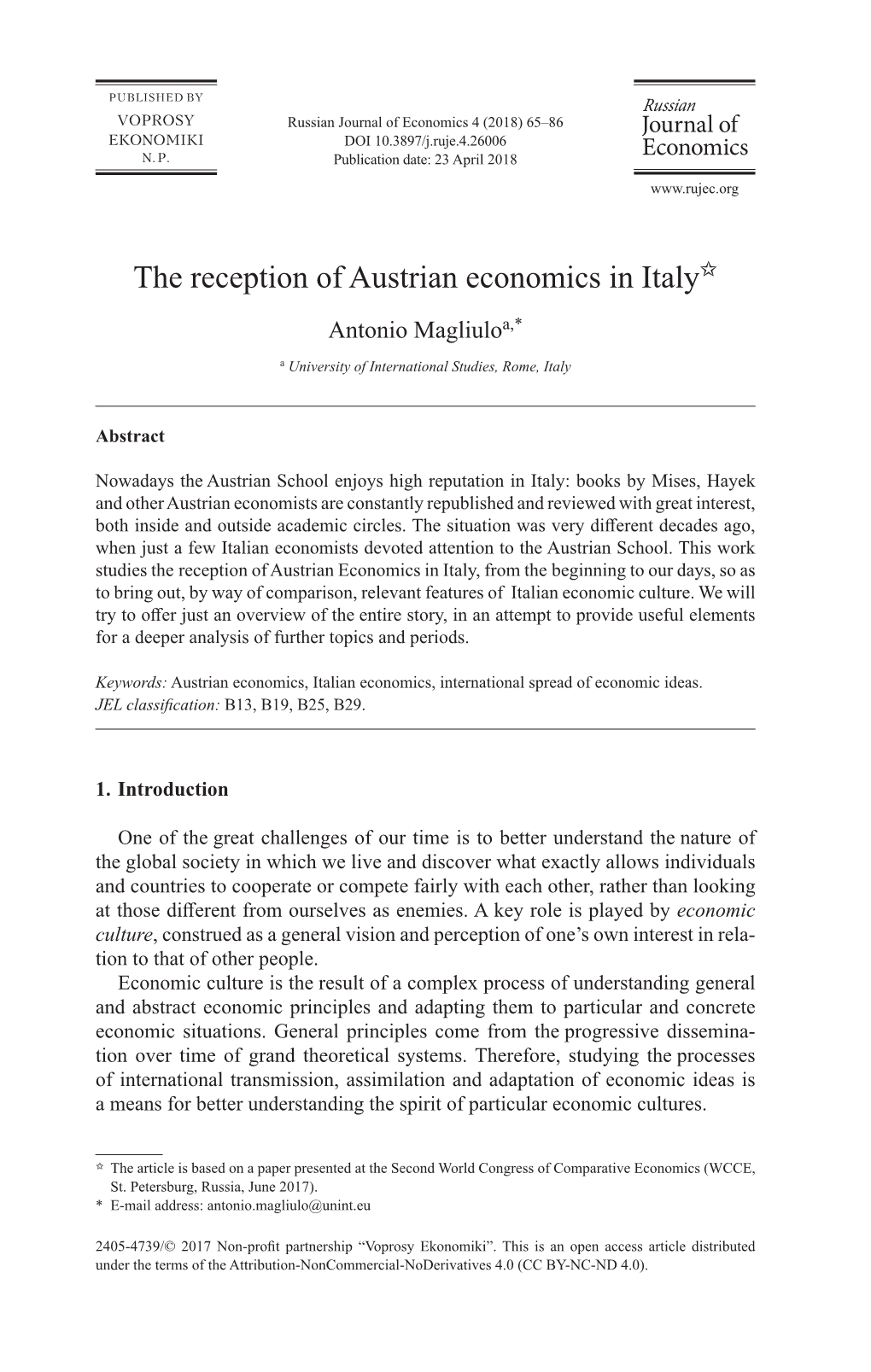 The Reception of Austrian Economics in Italy✩ Antonio Magliuloa,*