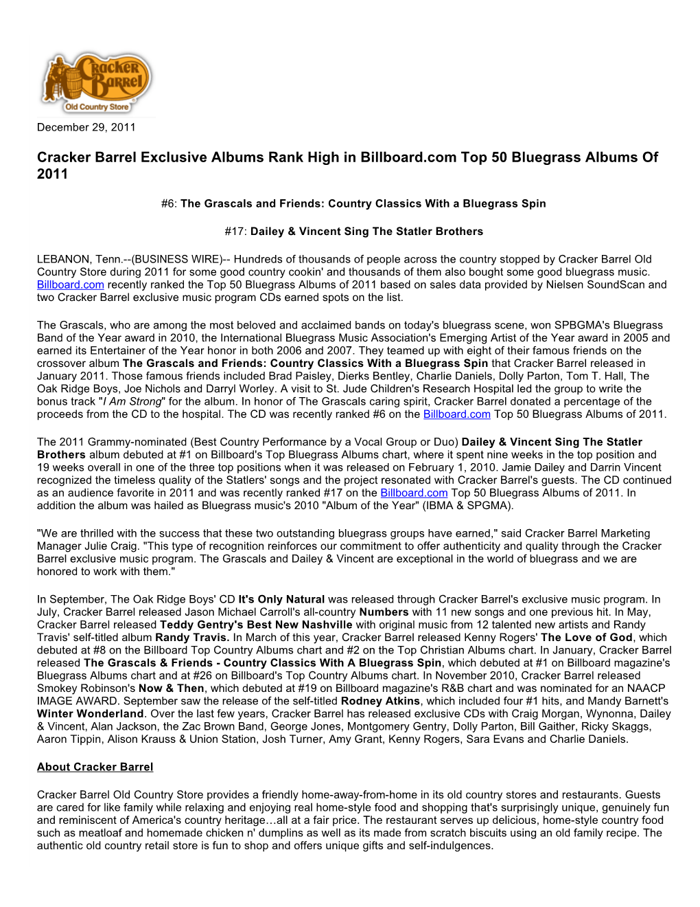 Cracker Barrel Exclusive Albums Rank High in Billboard.Com Top 50 Bluegrass Albums of 2011