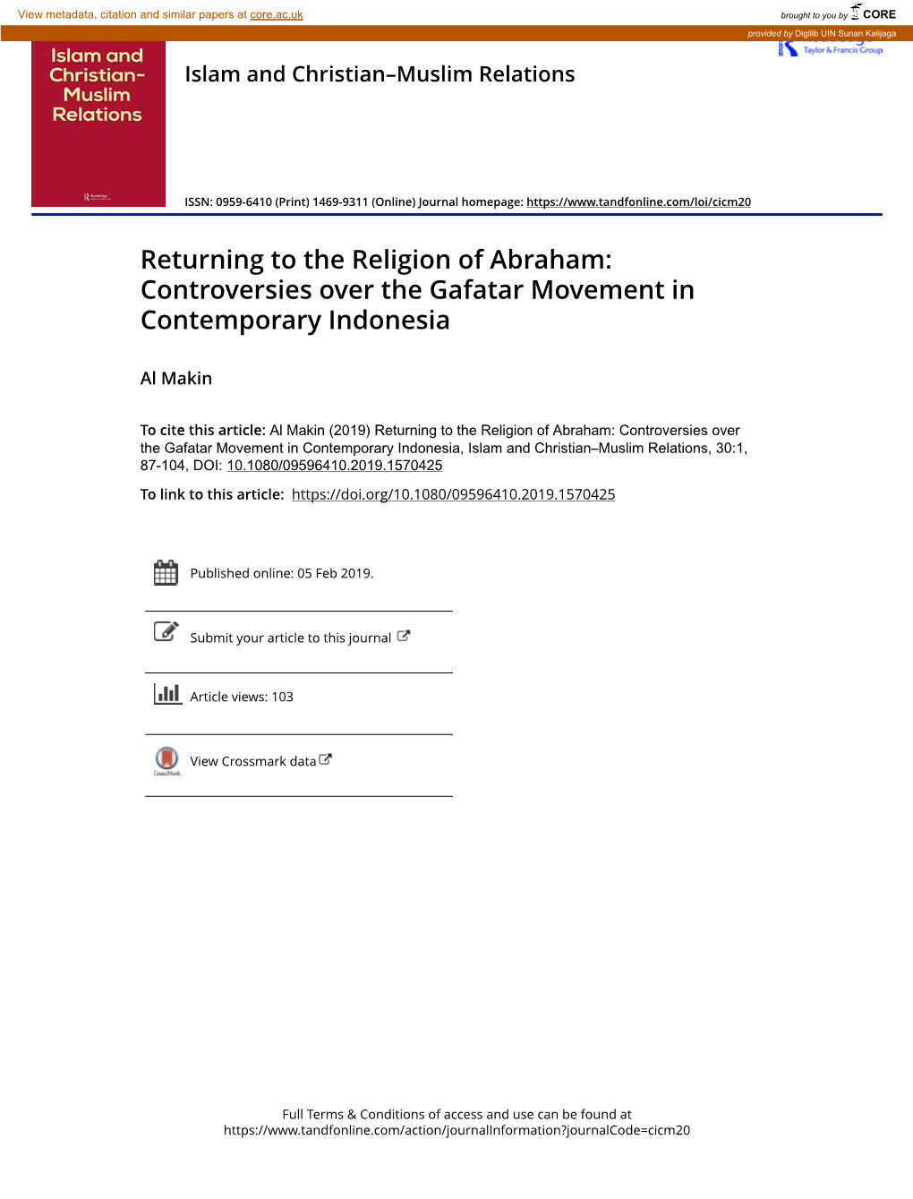 Returning to the Religion of Abraham: Controversies Over the Gafatar Movement in Contemporary Indonesia