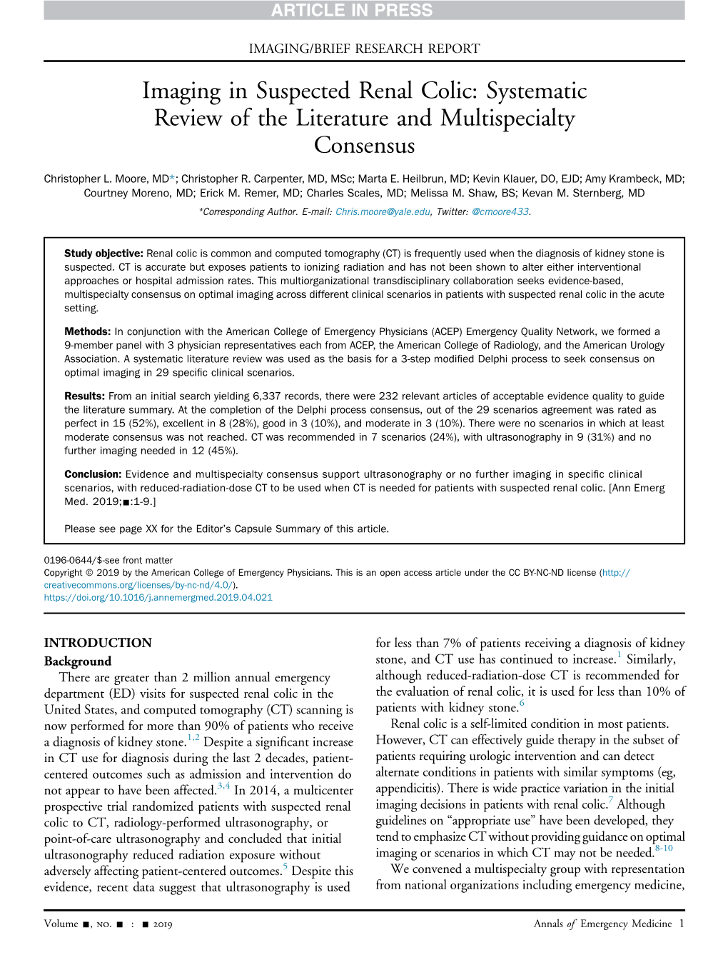 Imaging in Suspected Renal Colic: Systematic Review of the Literature and Multispecialty Consensus