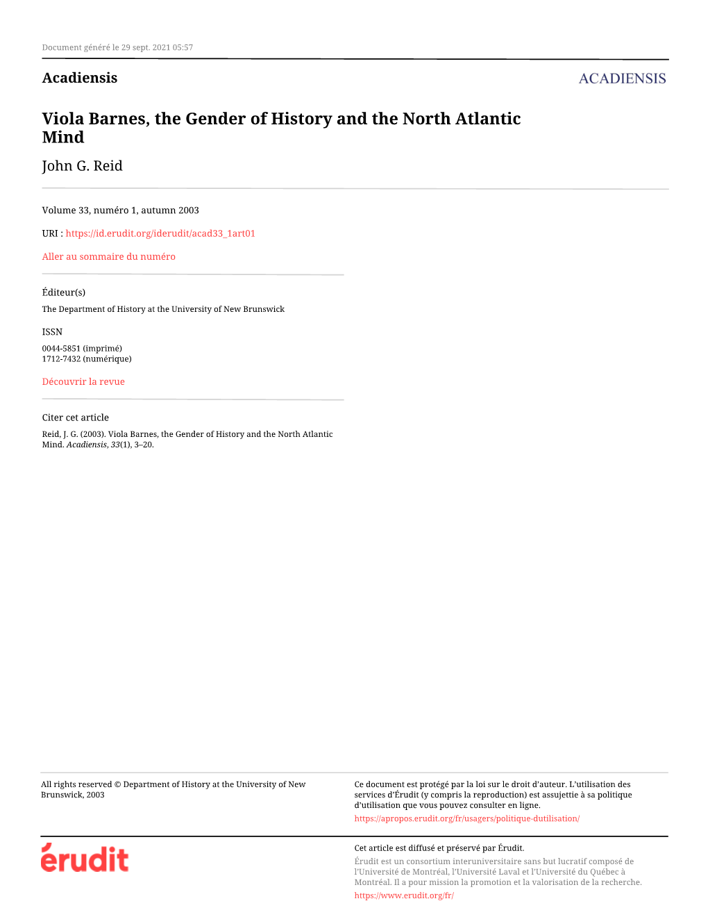 Viola Barnes, the Gender of History and the North Atlantic Mind John G