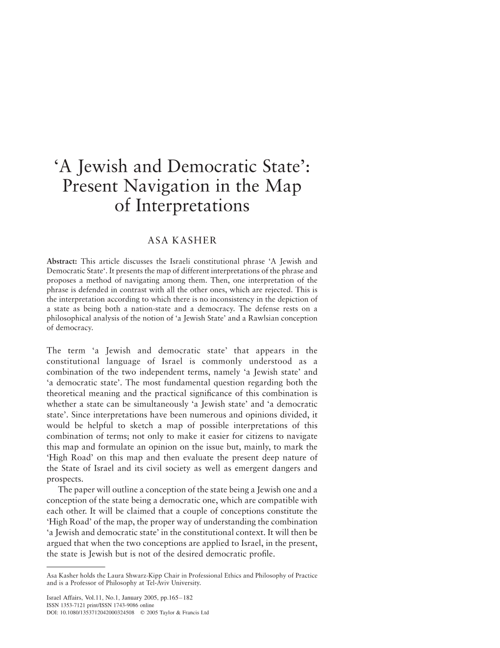 A Jewish and Democratic State’: Present Navigation in the Map of Interpretations