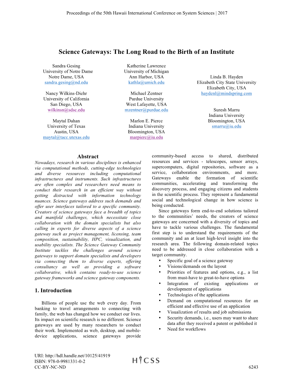 Science Gateways: the Long Road to the Birth of an Institute