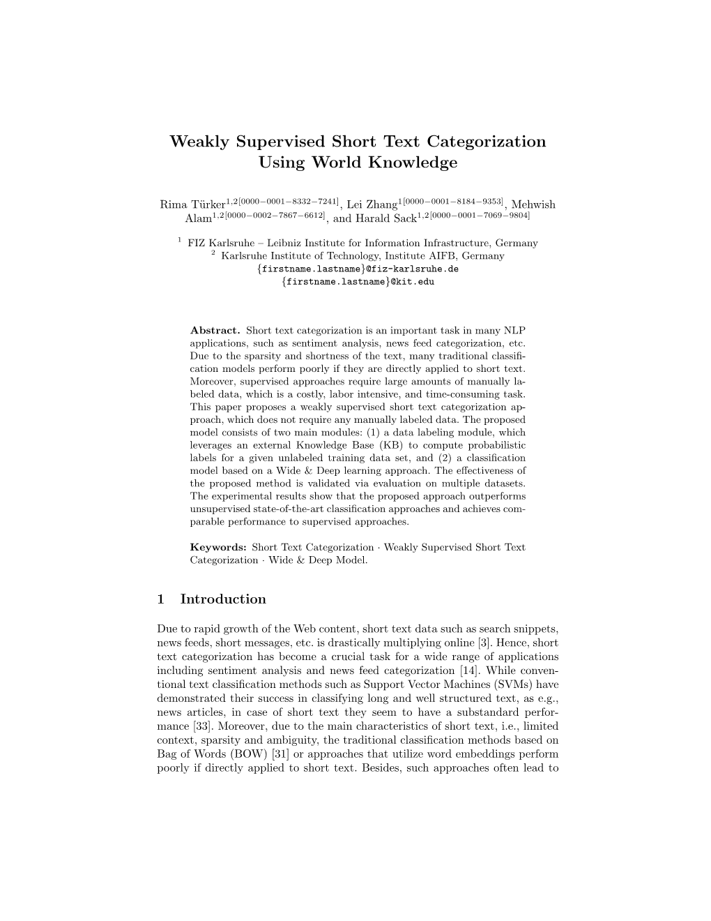 Weakly Supervised Short Text Categorization Using World Knowledge