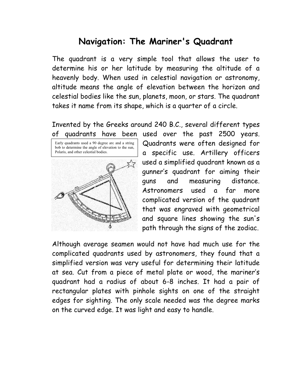 Navigation: the Mariner's Quadrant