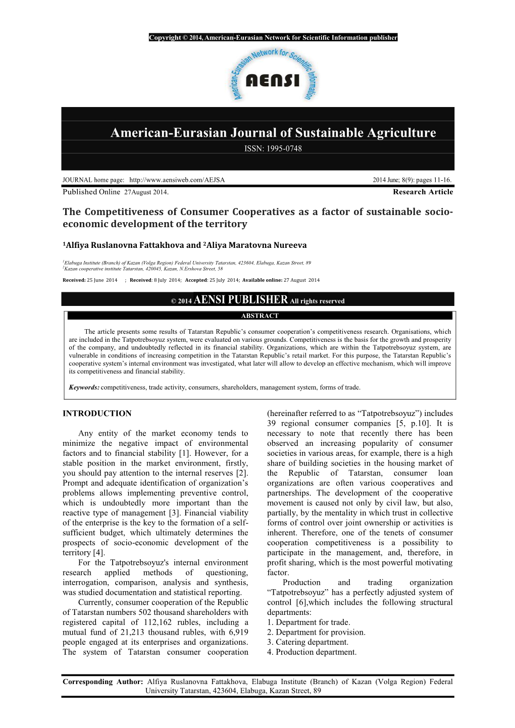 American-Eurasian Journal of Sustainable Agriculture ISSN: 1995-0748