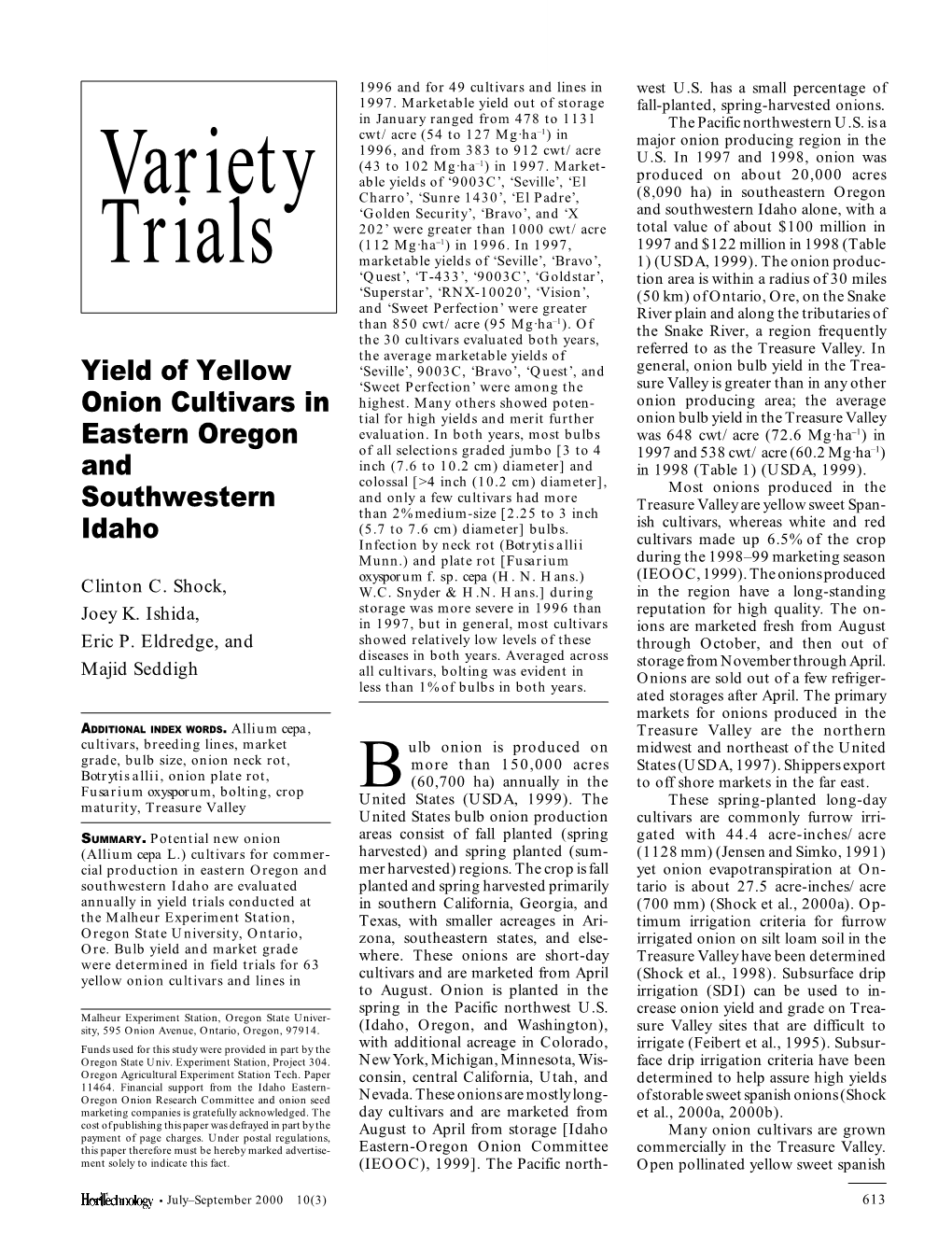 Yield of Yellow Onion Cultivars in Eastern Oregon and Southwestern